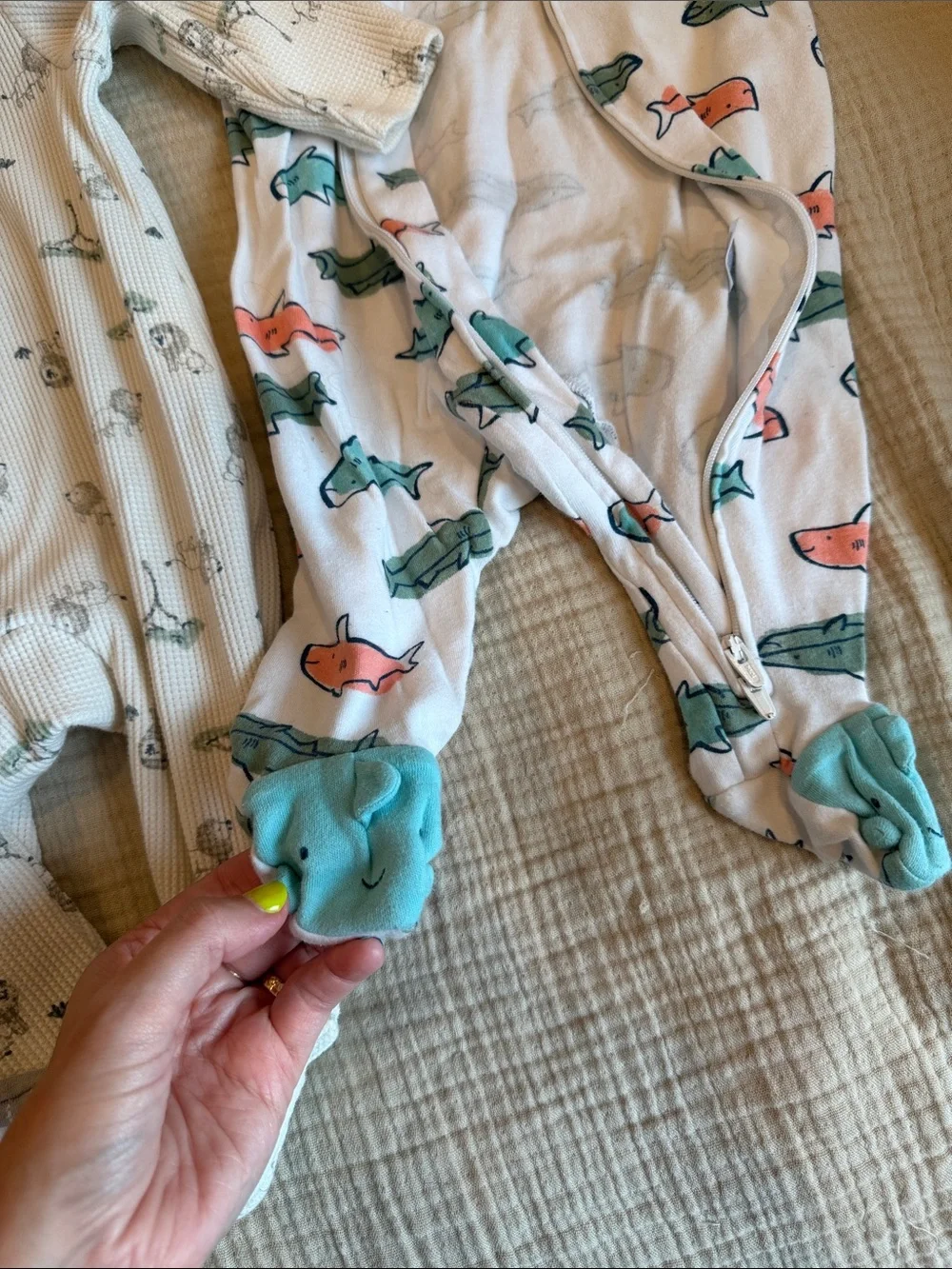 Carter’s White and Teal Baby One-Piece Pajamas Set with Lion and Shark Prints
